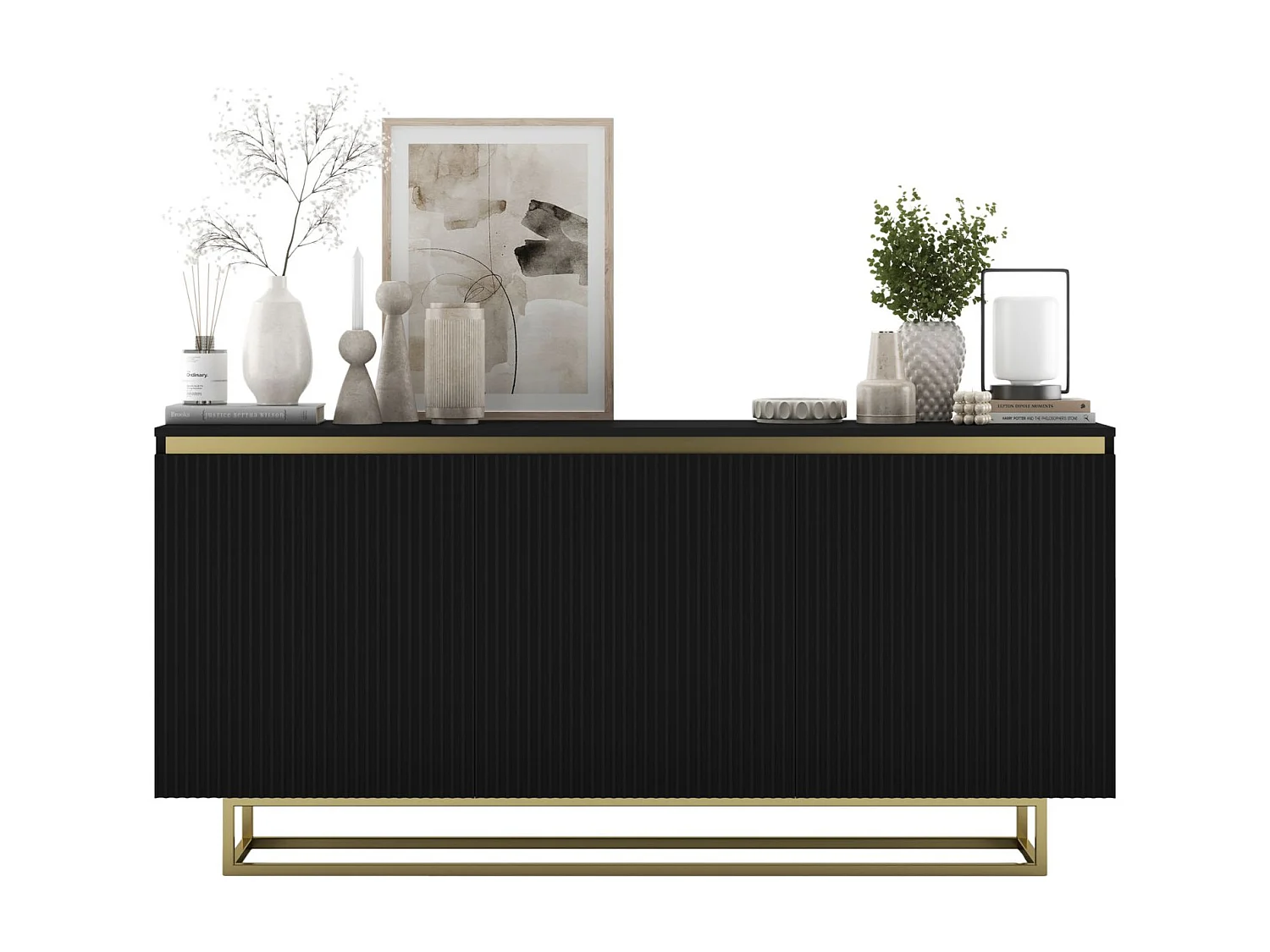 Dressoir met 3 deuren – corpus zwart mat, geribbelde fronten zwart mat – 166,8 cm, goud metalen frame