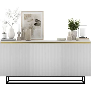 Dressoir met 3 deuren – kast in mat wit, gefreesde fronten in mat wit – 166,8 cm, zwart metalen frame