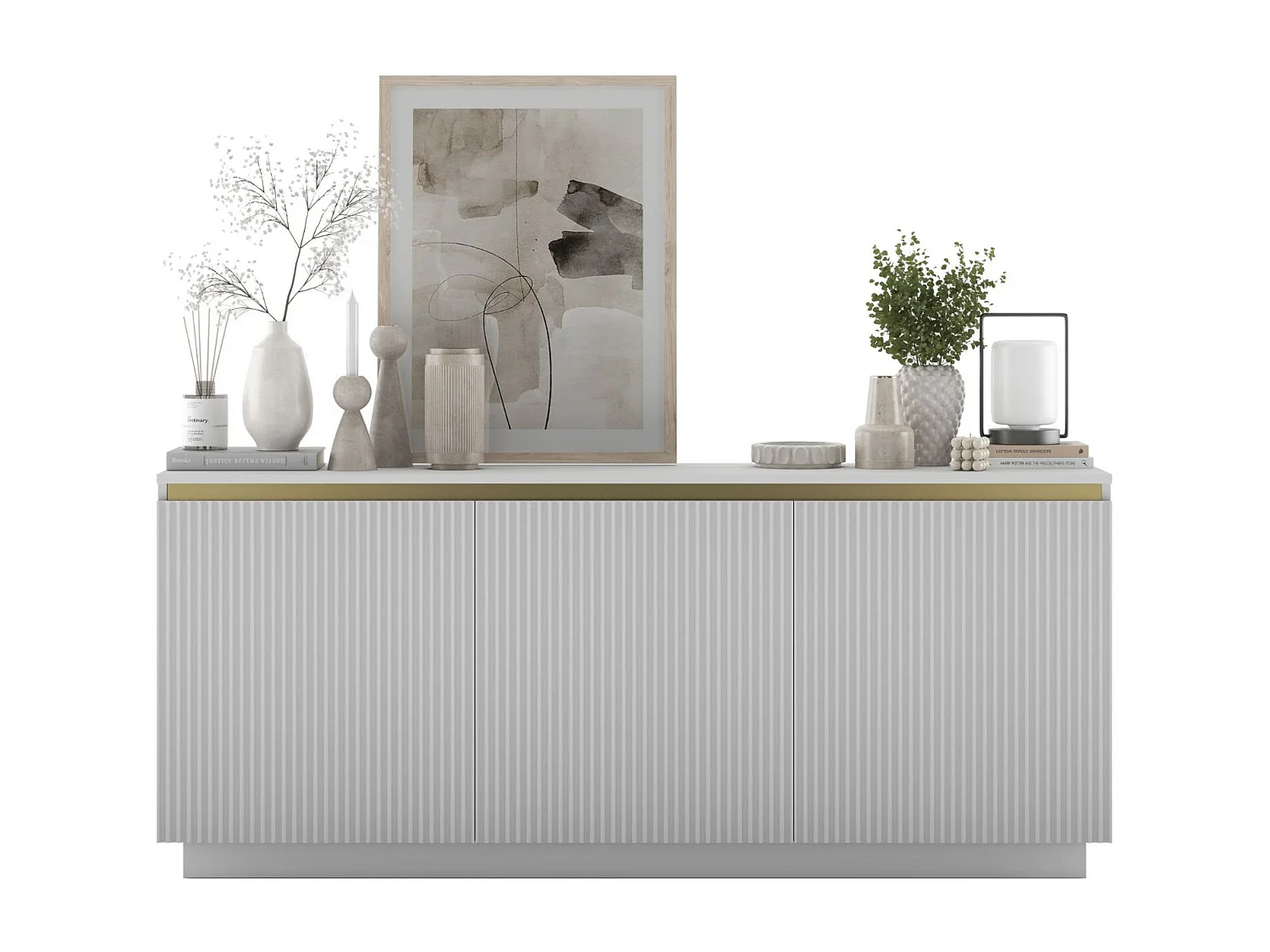 Dressoir met 3 deuren – kast in mat wit, gefreesde fronten in mat wit – 166,8 cm, op plint