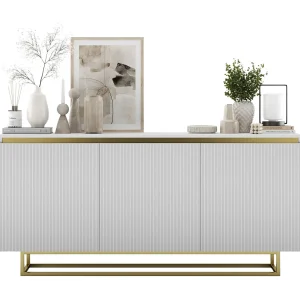 Dressoir met 3 deuren – kast in mat wit, gefreesde fronten in mat wit – 166,8 cm, goud metalen frame