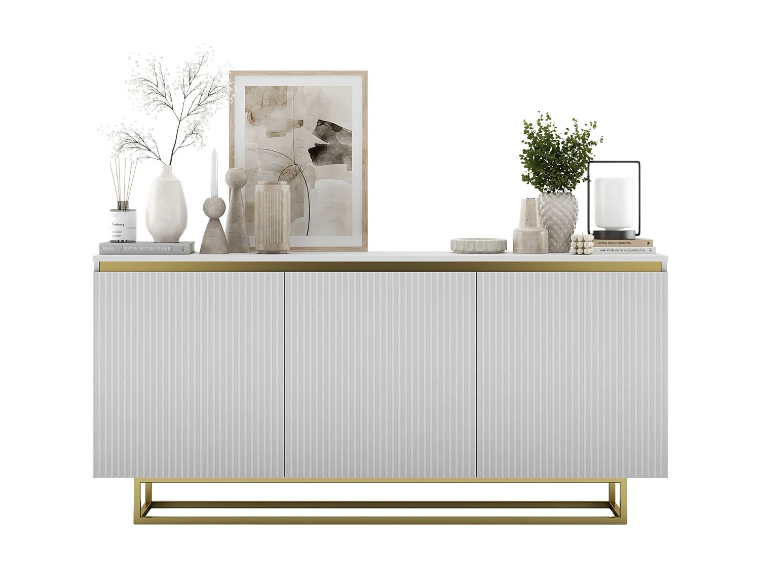 Dressoir met 3 deuren – kast in mat wit, gefreesde fronten in mat wit – 166,8 cm, goud metalen frame
