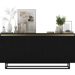 Dressoir met 3 deuren – corpus zwart mat, geribbelde fronten zwart mat – 166,8 cm, zwart metalen frame