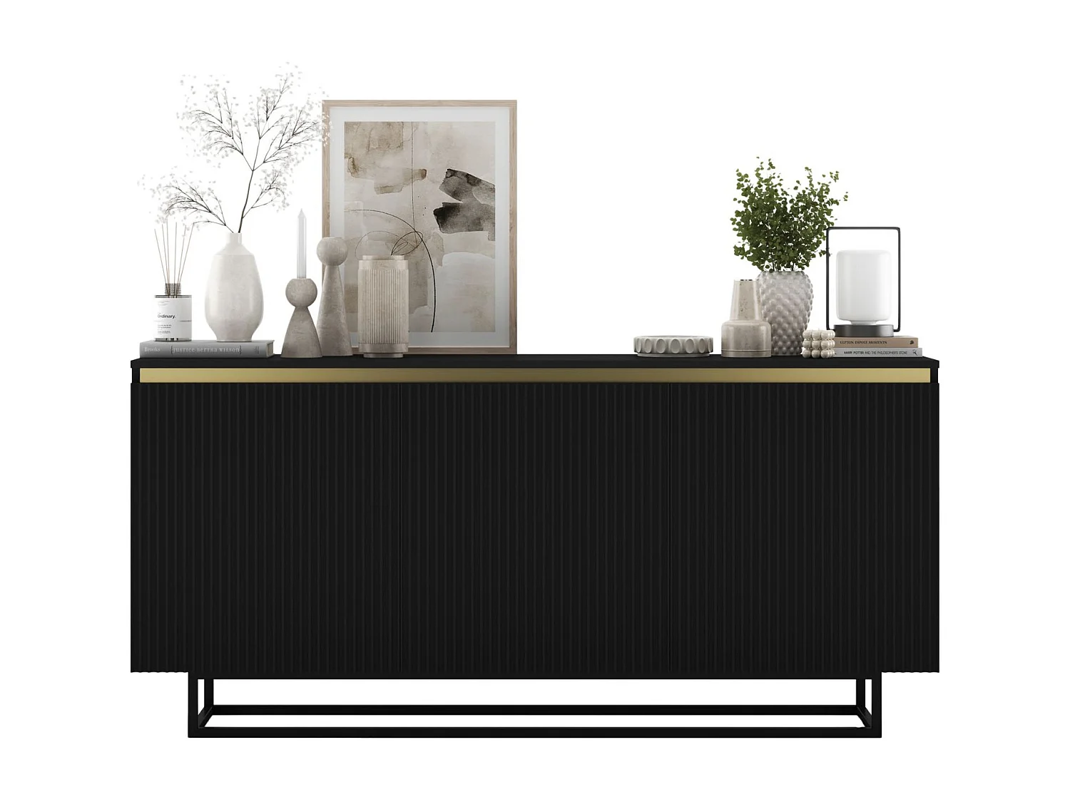 Dressoir met 3 deuren – corpus zwart mat, geribbelde fronten zwart mat – 166,8 cm, zwart metalen frame