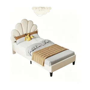 Eenpersoonsbed van 90×200 cm – met bloemenhoofdbord en lattenbodem – fluweel – beige Eenpersoonsbed van 90×200 cm – met bloemenhoofdbord en lattenbodem – fluweel – beige