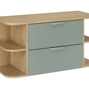 Ensemble OSTER 100cm : meubles sous vasque à tiroirs vert sauge et niches visibles + plan pour vasque aspect chêne clair Ensemble OSTER 100cm : meubles sous vasque à tiroirs vert sauge et niches visibles + plan pour vasque aspect chêne clair