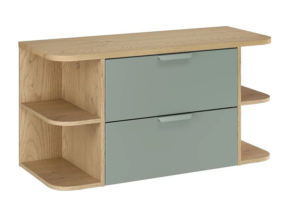 Ensemble OSTER 100cm : meubles sous vasque à tiroirs vert sauge et niches visibles + plan pour vasque aspect chêne clair