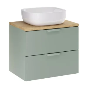 Ensemble OSTER 60cm : onderkast met lades in saliegroen + werkblad met lichte eiken look + vierkante opbouwwastafel Ensemble OSTER 60cm : onderkast met lades in saliegroen + werkblad met lichte eiken look + vierkante opbouwwastafel
