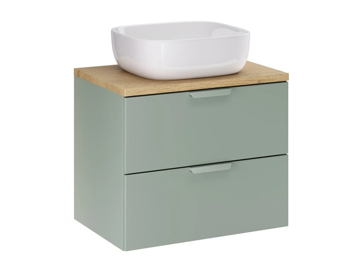 Ensemble OSTER 60cm : onderkast met lades in saliegroen + werkblad met lichte eiken look + vierkante opbouwwastafel