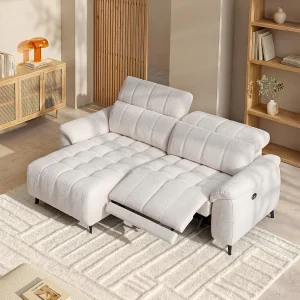 Elektrische relaxhoekbank met hoek links van beige stof met textuur CELTIMO Elektrische relaxhoekbank met hoek links van beige stof met textuur CELTIMO