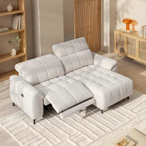 Elektrische relaxhoekslaapbank met hoek rechts van beige stof met textuur CELTIMO Elektrische relaxhoekslaapbank met hoek rechts van beige stof met textuur CELTIMO