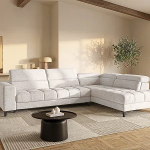 Elektrische relaxhoekbank met hoek rechts met schuivende zitting van beige stof MONISO Elektrische relaxhoekbank met hoek rechts met schuivende zitting van beige stof MONISO