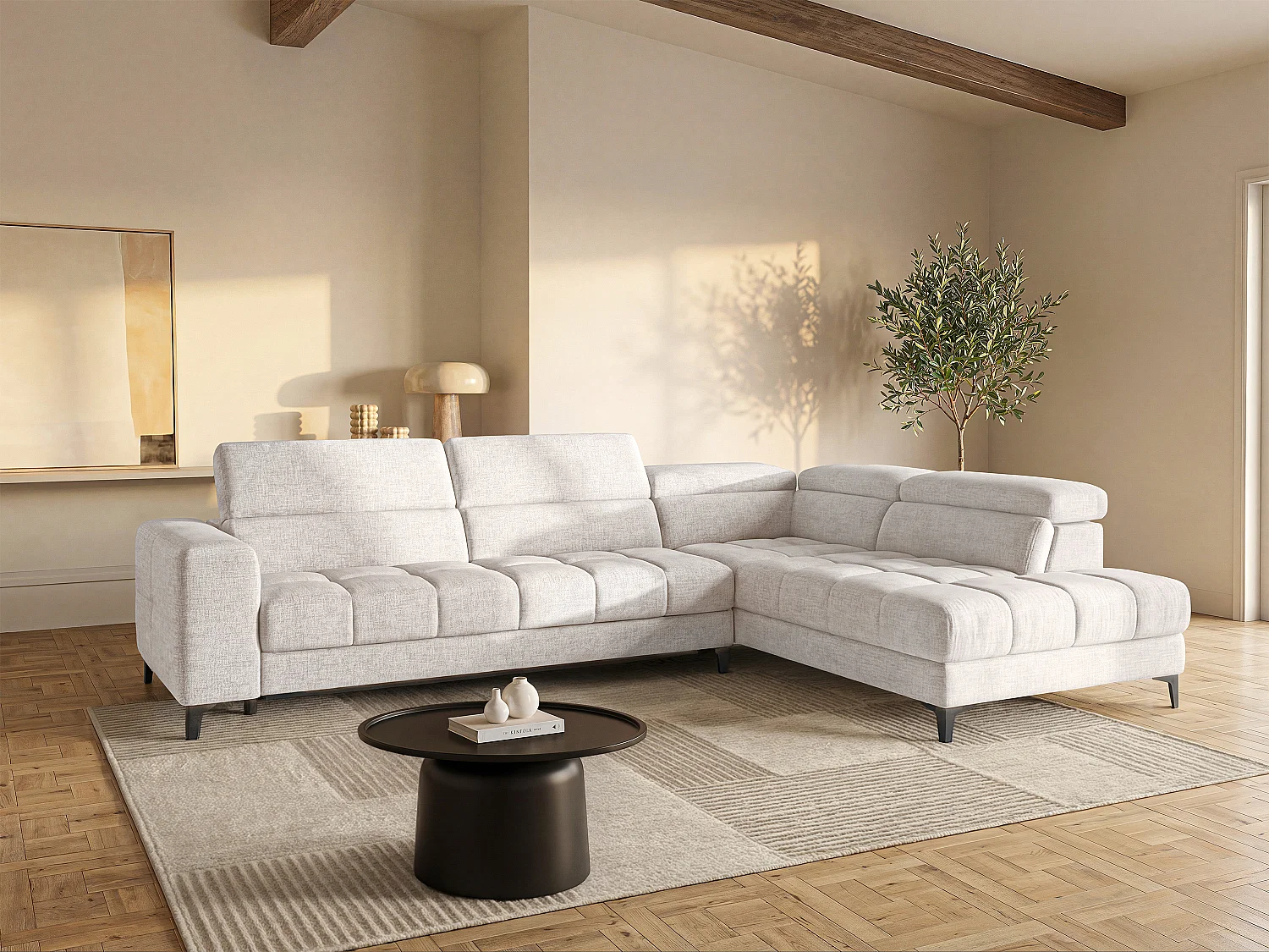 Elektrische relaxhoekbank met hoek rechts met schuivende zitting van beige stof MONISO
