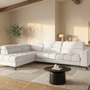 Elektrische relaxhoekbank met hoek links met schuivende zitting van beige stof MONISO Elektrische relaxhoekbank met hoek links met schuivende zitting van beige stof MONISO