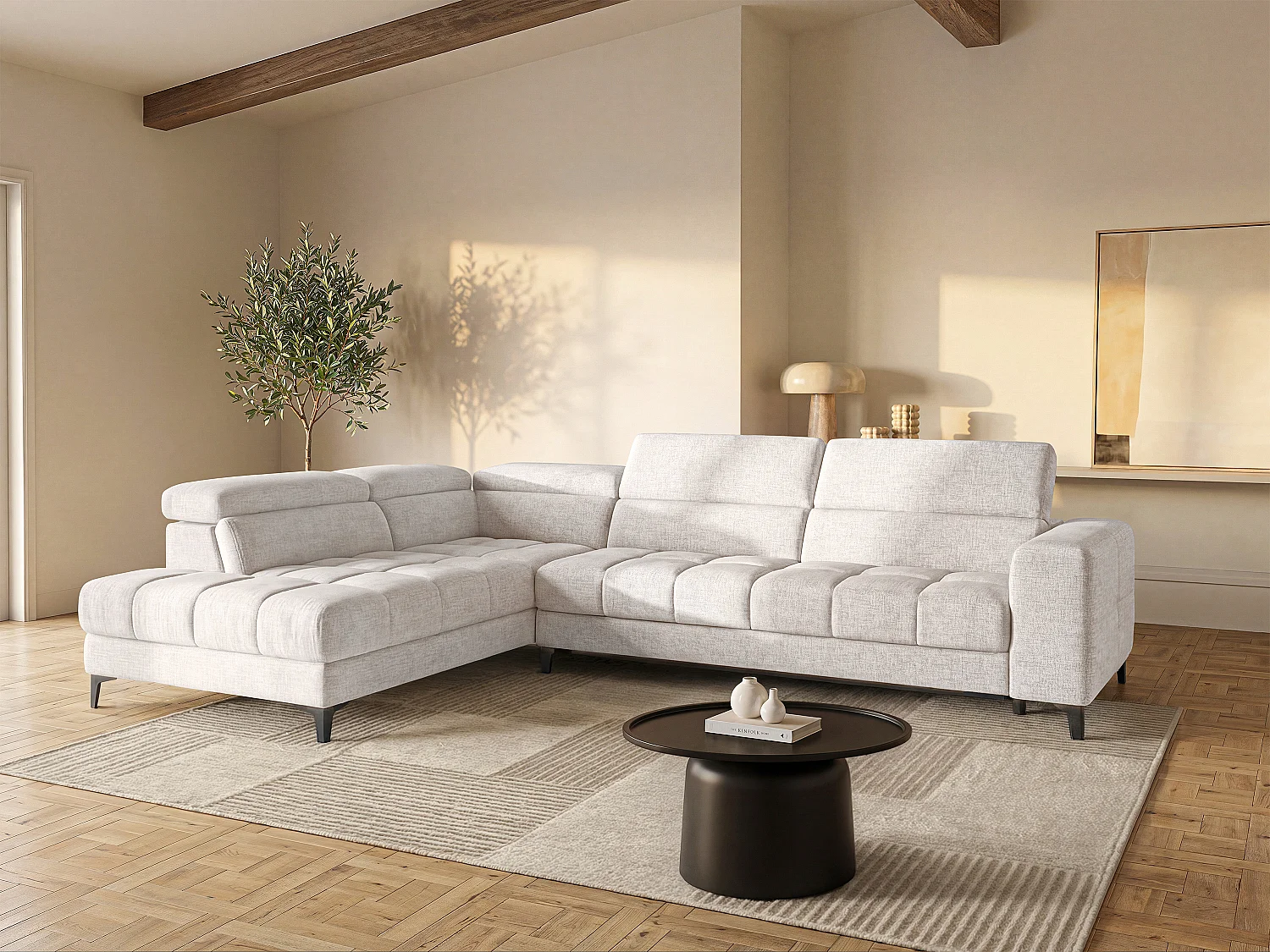 Elektrische relaxhoekbank met hoek links met schuivende zitting van beige stof MONISO