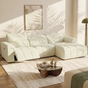Elektrische relaxbank met rechtse hoek in beige stof met gewatteerd effect MOLPICA Elektrische relaxbank met rechtse hoek in beige stof met gewatteerd effect MOLPICA