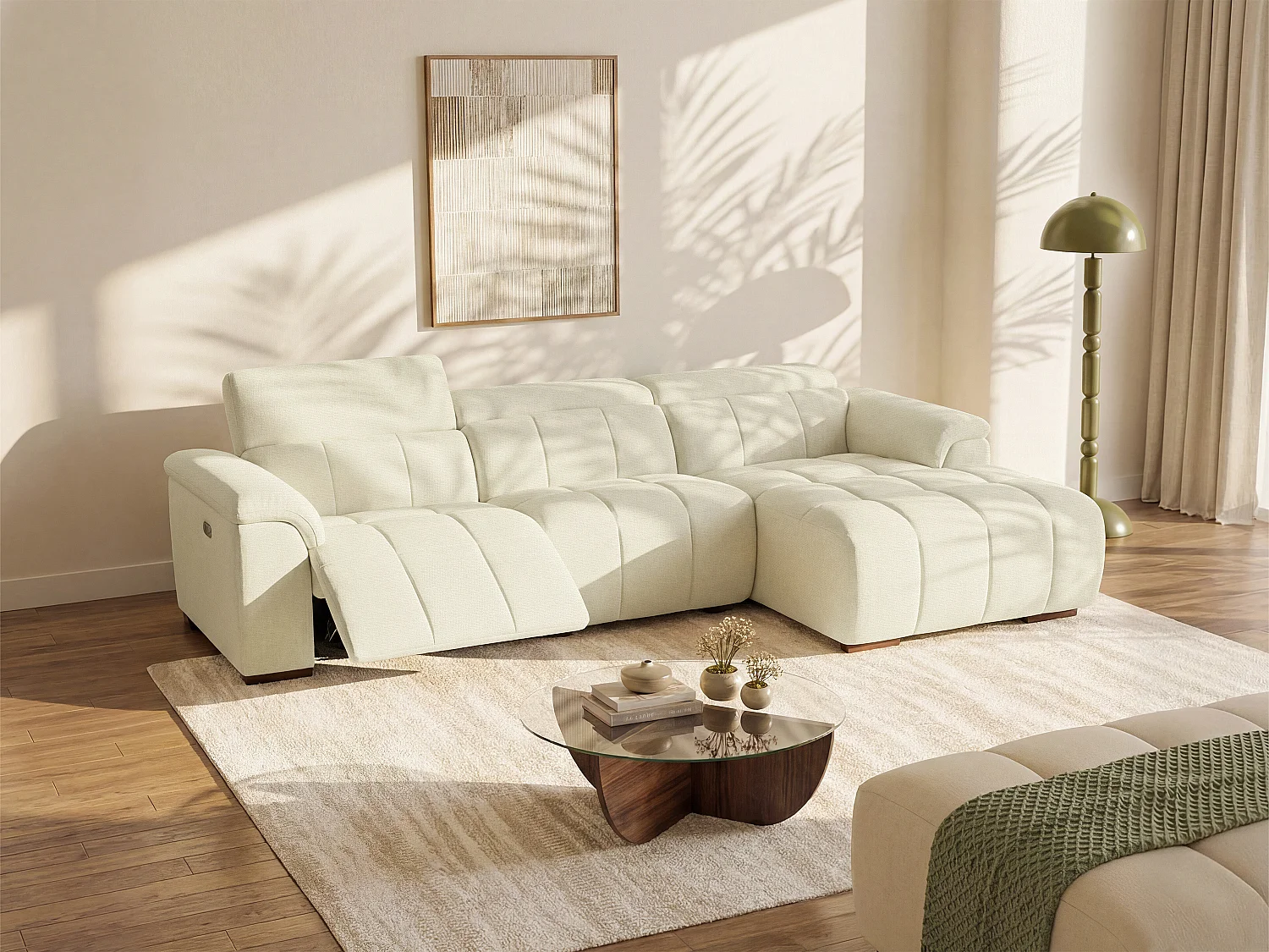 Elektrische relaxbank met rechtse hoek in beige stof met gewatteerd effect MOLPICA
