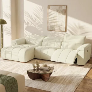 Elektrische relaxbank met linkse hoek in beige stof met gewatteerd effect MOLPICA Elektrische relaxbank met linkse hoek in beige stof met gewatteerd effect MOLPICA