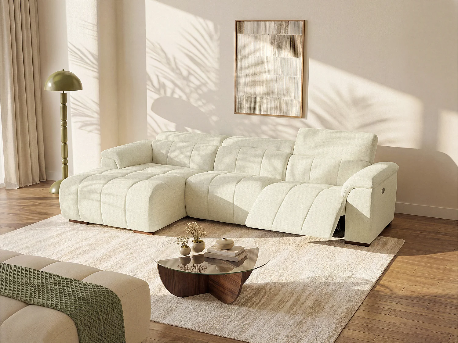 Elektrische relaxbank met linkse hoek in beige stof met gewatteerd effect MOLPICA