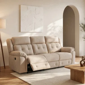Elektrische driezitsrelaxbank van beige microvezel ORTIANO Elektrische driezitsrelaxbank van beige microvezel ORTIANO