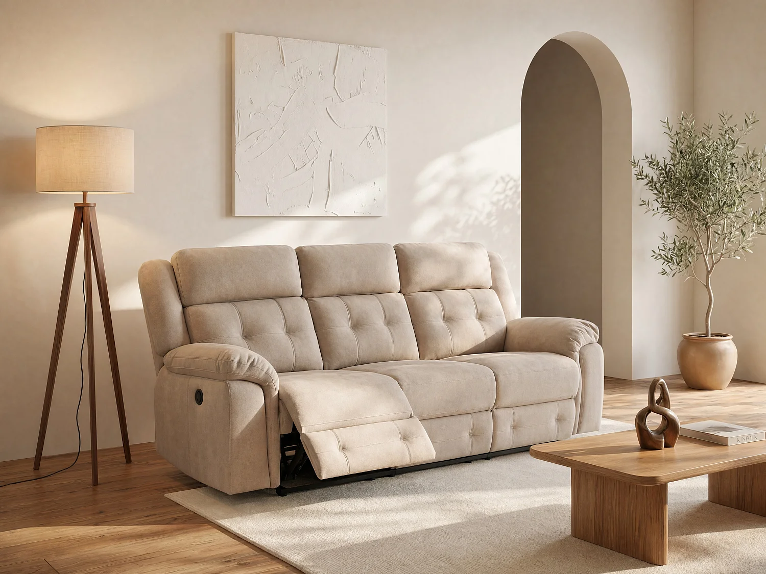 Elektrische driezitsrelaxbank van beige microvezel ORTIANO