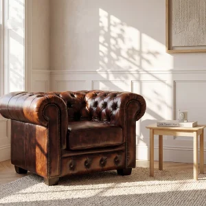 Fauteuil chesterfield BRENTON 100% buffelleer – bruin tinten Fauteuil chesterfield BRENTON 100% buffelleer – bruin tinten
