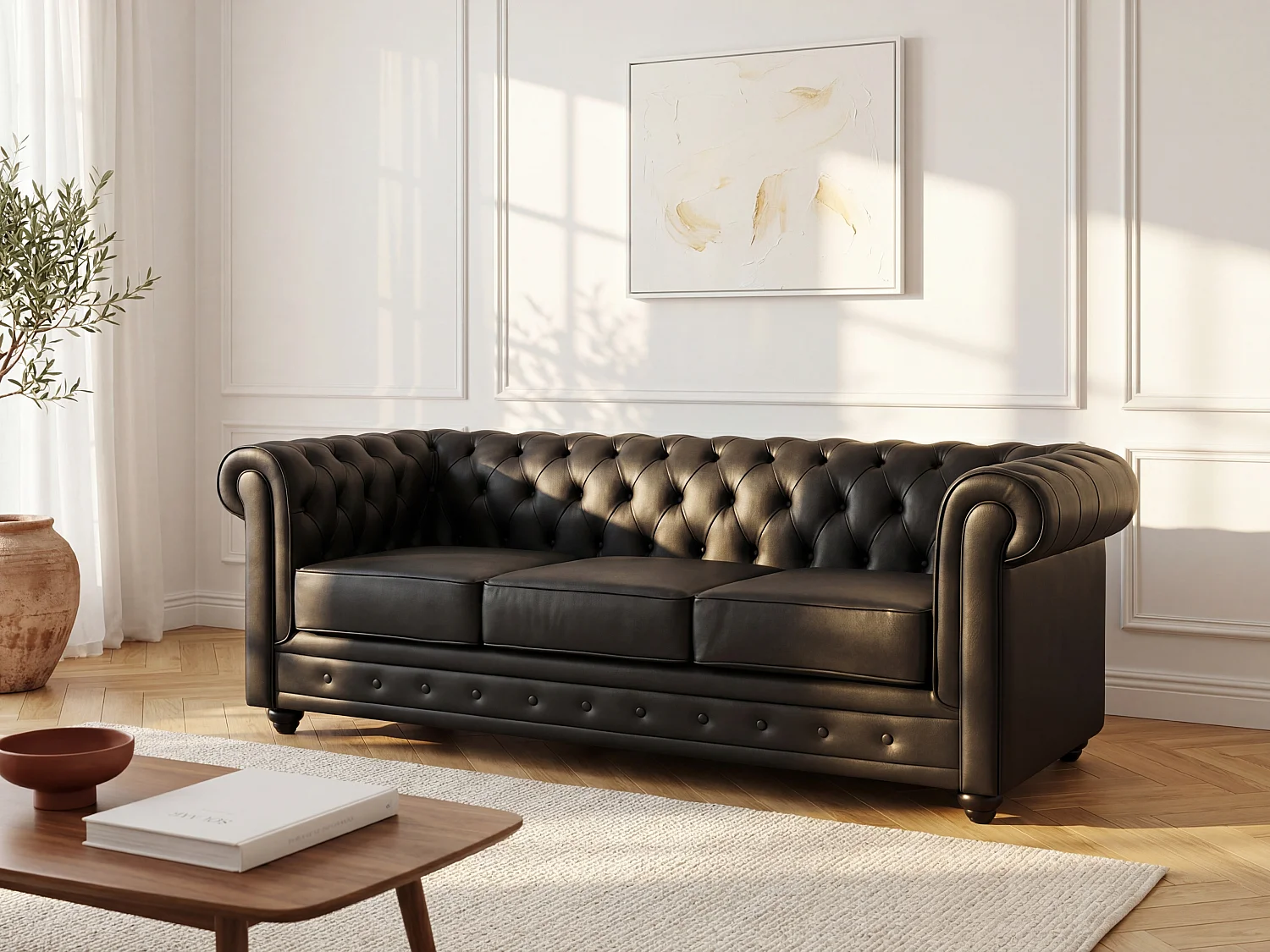 Iconische driezitsbank van buffelleer CHESTERFIELD - Zwart