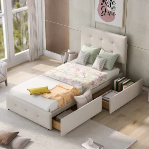 Eenpersoonsbed 90x200cm met 2 lades – in hoogte verstelbaar hoofdeinde – fluweel – beige Eenpersoonsbed 90x200cm met 2 lades – in hoogte verstelbaar hoofdeinde – fluweel – beige
