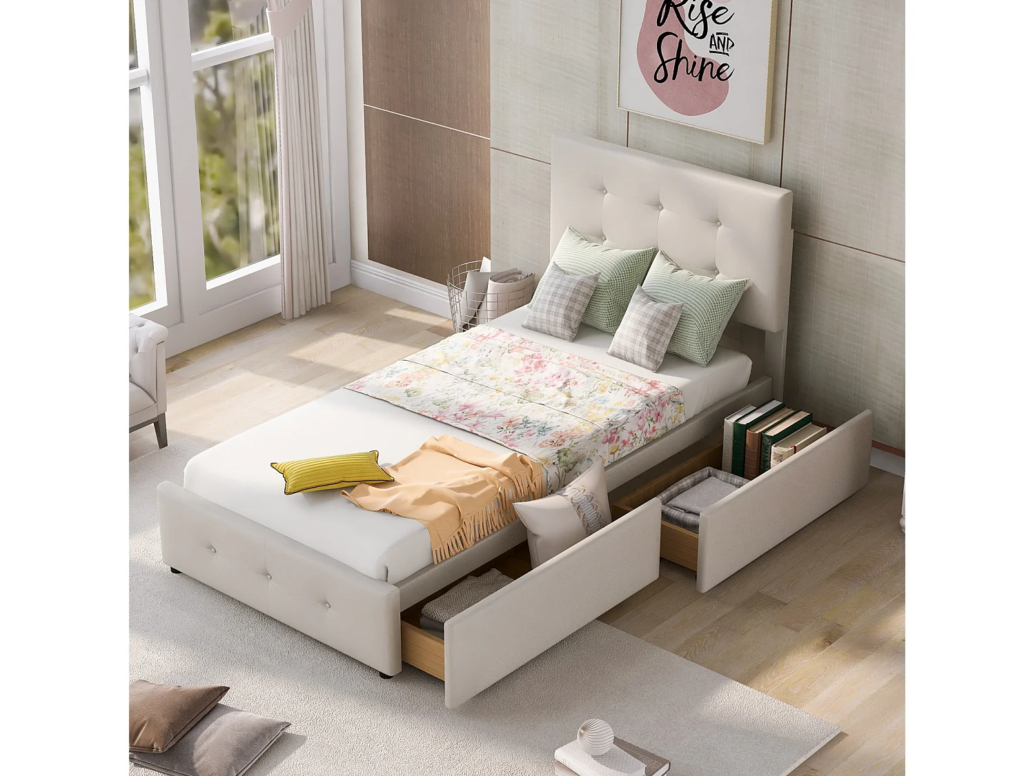 Eenpersoonsbed 90x200cm met 2 lades - in hoogte verstelbaar hoofdeinde - fluweel - beige