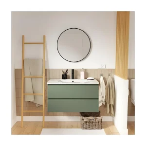 Enkele wastafelmeubel van 80 cm, eikenhouten afwerking, met kraan en spiegel SORRENTO Enkele wastafelmeubel van 80 cm, eikenhouten afwerking, met kraan en spiegel SORRENTO