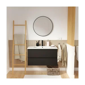 Enkele wastafelmeubel van 80 cm, eikenhouten afwerking, met kraan en spiegel SORRENTO Enkele wastafelmeubel van 80 cm, eikenhouten afwerking, met kraan en spiegel SORRENTO