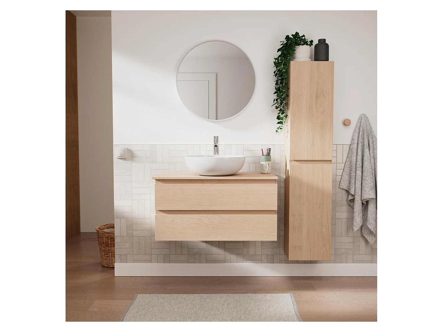 Enkele wastafelmeubelset 80 cm + wastafel + kraan + spiegel + SORRENTO kolom