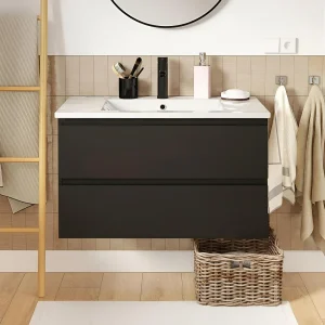 Enkele wastafelmeubel van 80 cm met eikenhouten afwerking, inclusief wastafel en kraan SORRENTO Enkele wastafelmeubel van 80 cm met eikenhouten afwerking, inclusief wastafel en kraan SORRENTO