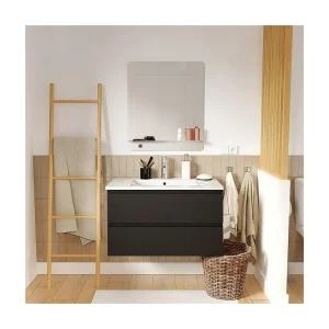 Enkele wastafelmeubel van 80 cm, eikenhouten afwerking, met kraan en spiegel SORRENTO Enkele wastafelmeubel van 80 cm, eikenhouten afwerking, met kraan en spiegel SORRENTO