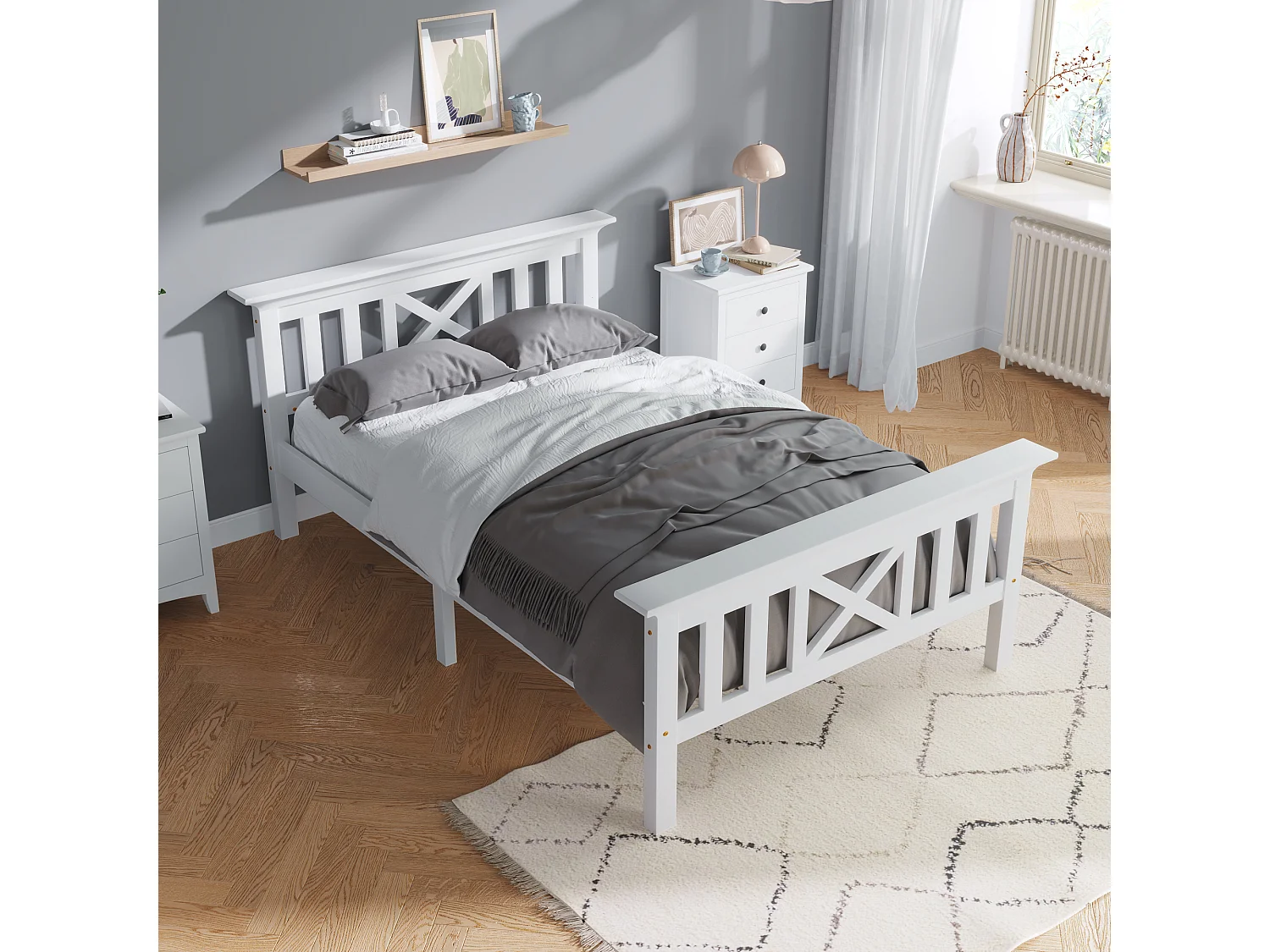 Eenpersoonsbed 90x200 cm - Massief Houten Bed Met Hoofdbord - Stevig En Duurzaam - Hout - Wit (Zonder Matras)