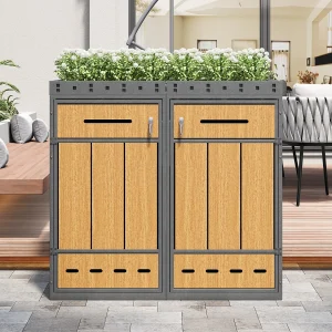 Dubbele afvalbakbehuizing 120–240 L met plantenbak – Grijs staal met houtlook