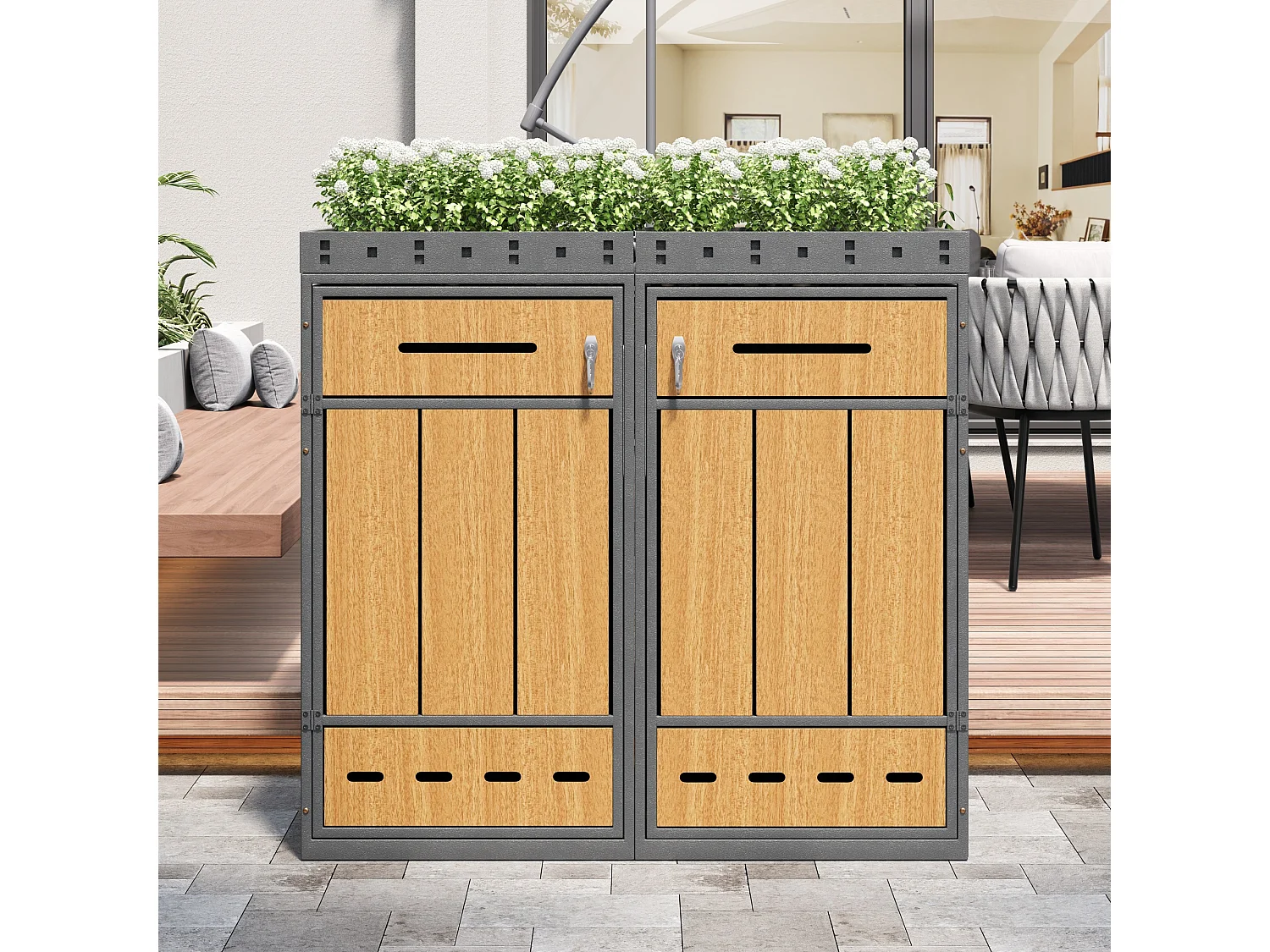 Dubbele afvalbakbehuizing 120–240 L met plantenbak - Grijs staal met houtlook