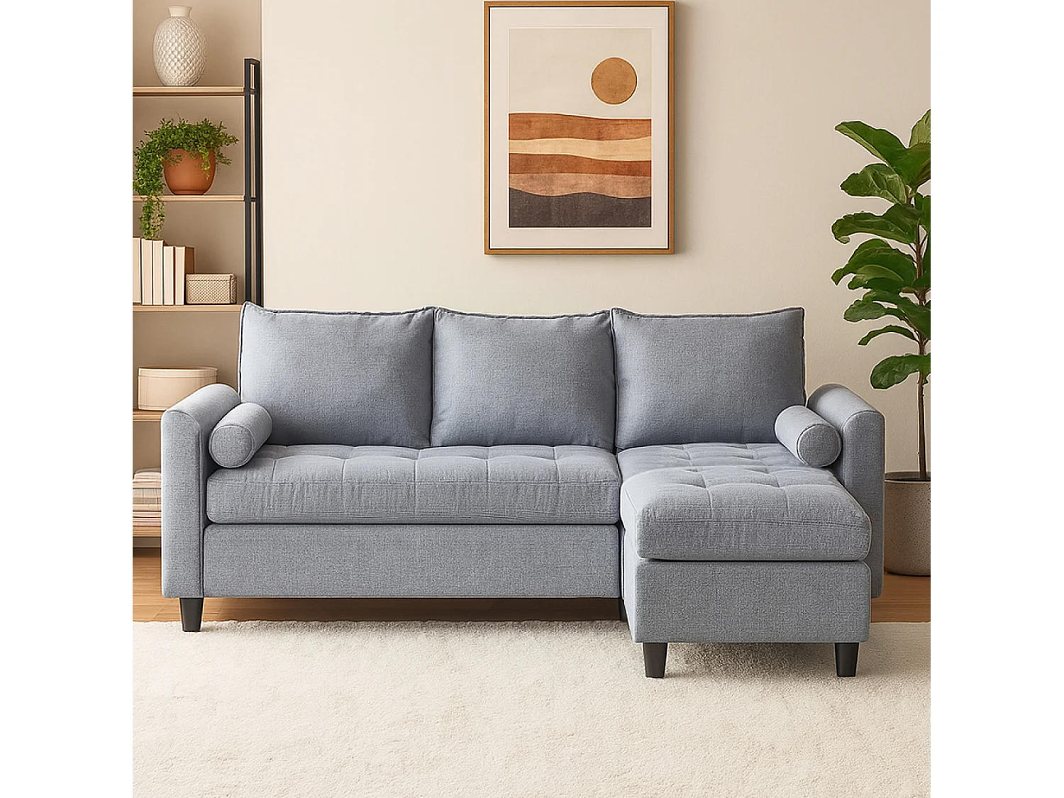 Driezitsbank van lichtgrijs fluweel COVENTRY met poef - Comfortabel, elegant en praktisch
