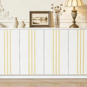 Dressoir 140x35x70 cm – 4 deuren – Gouden afwerking – Verstelbare planken – Spaanplaat – Wit en goud Dressoir 140x35x70 cm – 4 deuren – Gouden afwerking – Verstelbare planken – Spaanplaat – Wit en goud