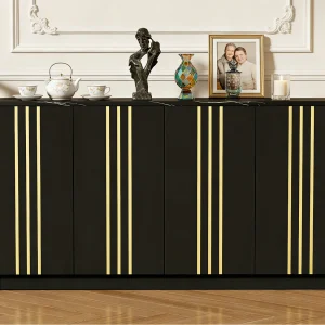 Dressoir 140x35x70 cm – 4 deuren – Gouden afwerking – Verstelbare planken – Spaanplaat – Wit en goud Dressoir 140x35x70 cm – 4 deuren – Gouden afwerking – Verstelbare planken – Spaanplaat – Wit en goud