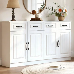 Dressoir/Ladekast met 4 deuren en 4 lades – 2 planken – Geribbeld design – 8 metalen handgrepen – MDF – Wit