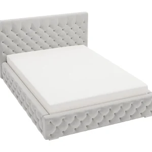 Emporius Gestoffeerd bed met groot hoofdeinde Elira tweepersoonsbed 200×200 – lattenbodem, bedlade, fluwelen – Lichtgrijs (Magic Velvet 2218)