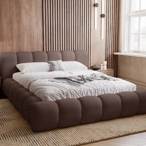 Emporius gestoffeerd bed 140×200 Cloud – Gestoffeerd Hoofdeinde, Lattenbodem, Opbergruimte – Tweepersoonsbed Fluweel – Bruin (Jupiter 31)