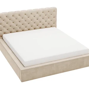 Emporius Tweepersoonsbed 200×200 Ali – glamourstijl, gestoffeerd bed, lattenbodem, opbergruimte – fluweel Beige (Magic Velvet 2201)