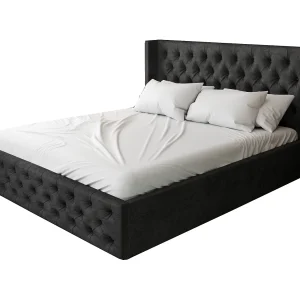 Emporius Tweepersoonsbed 180×200 Rolia – gestoffeerd bed met opbergruimte, Slaapkamer, Tienerkamer – Fluweel Zwart (Kronos 07)