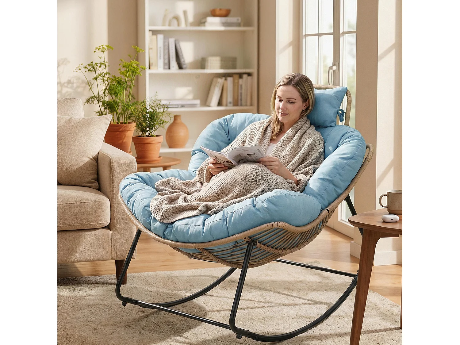 Eggshell Schommelstoel met Tech Stof – Modern Design, Ergonomische Ondersteuning en Premium Comfort voor Uw Woonruimte