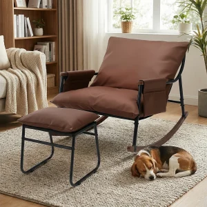 Elegant en Duurzaam – Metalen Schommelstoel met Houten Armleuningen en Voetsteun, 15 cm Dikke Kussen, Modern Tech Stofbekleding, Perfect voor de Woonkamer en Terras Elegant en Duurzaam – Metalen Schommelstoel met Houten Armleuningen en Voetsteun, 15 cm Dikke Kussen, Modern Tech Stofbekleding, Perfect voor de Woonkamer en Terras