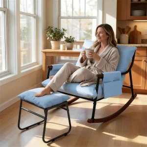 Elegant en Duurzaam – Metalen Schommelstoel met Houten Armleuningen en Voetsteun, 15 cm Dikke Kussen, Modern Tech Stofbekleding, Perfect voor de Woonkamer en Terras Elegant en Duurzaam – Metalen Schommelstoel met Houten Armleuningen en Voetsteun, 15 cm Dikke Kussen, Modern Tech Stofbekleding, Perfect voor de Woonkamer en Terras