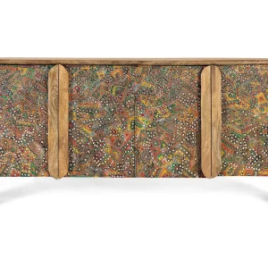 Dressoir van mangohout met handgeschilderde fronten.