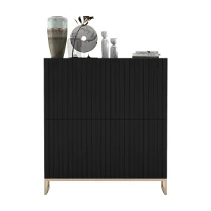 Dressoir met 4 deuren – Mat zwarte korpus, geribbelde mat zwarte fronten – 112 cm, metalen frame Dressoir met 4 deuren – Mat zwarte korpus, geribbelde mat zwarte fronten – 112 cm, metalen frame