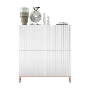 Dressoir met 4 deuren – Mat Witte corpus, geribbelde Mat Witte fronten – 112 cm, metalen frame Dressoir met 4 deuren – Mat Witte corpus, geribbelde Mat Witte fronten – 112 cm, metalen frame